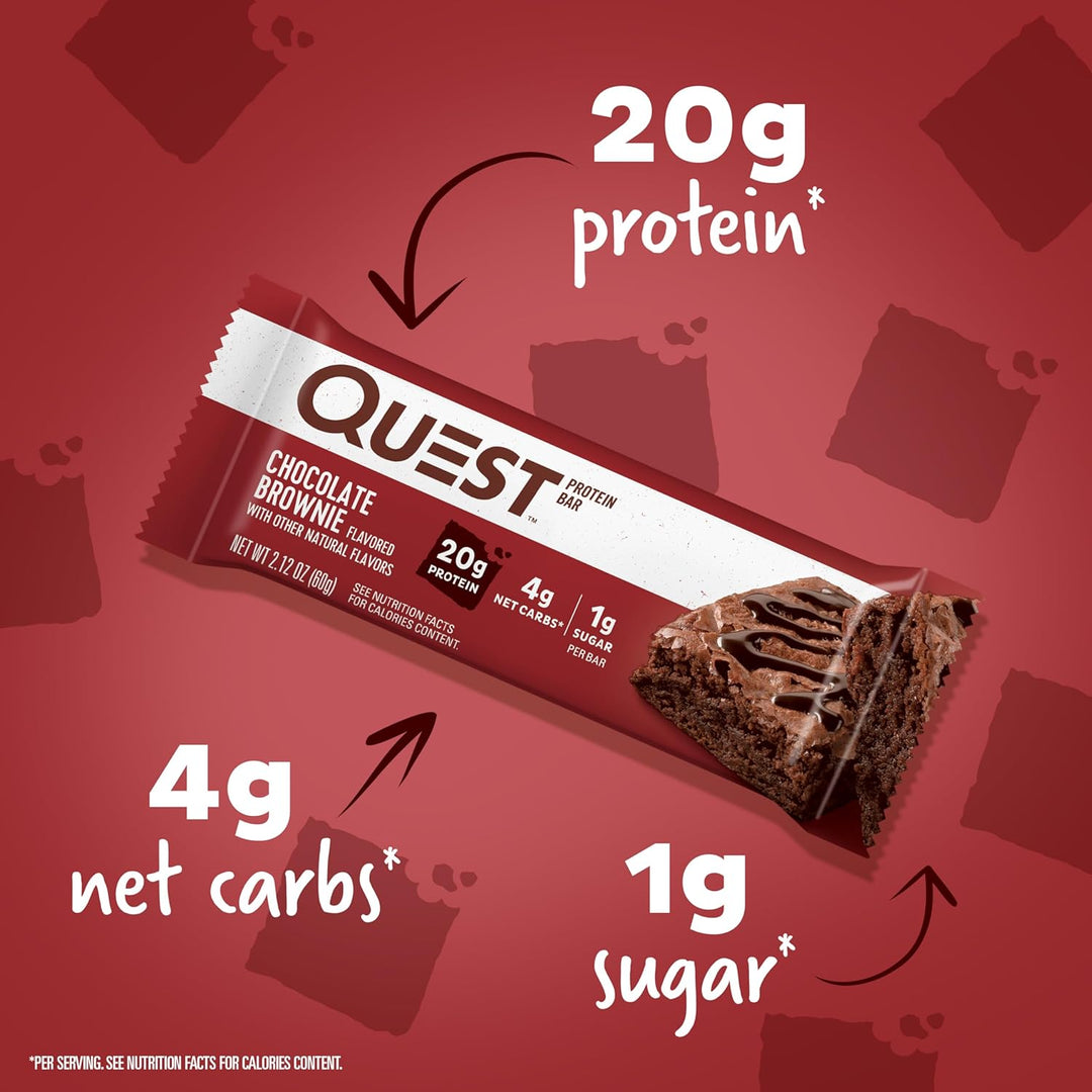Satisfy rich brownie cravings with Quest Nutrition Chocolate Brownie Protein Bars. Each decadent bar provides 20g of complete dairy-based protein with all 9 essential amino acids to fuel muscle recovery and energy. With 1g sugar, 4g net carbs, and 15g fiber, these gluten-free, keto-friendly protein bars offer a high-protein, low-carb snack you can enjoy guilt-free. Perfect for post-workout fuel, healthy on-the-go snacks, or a chocolate lover’s dessert, Quest makes it easy to indulge while staying on track w