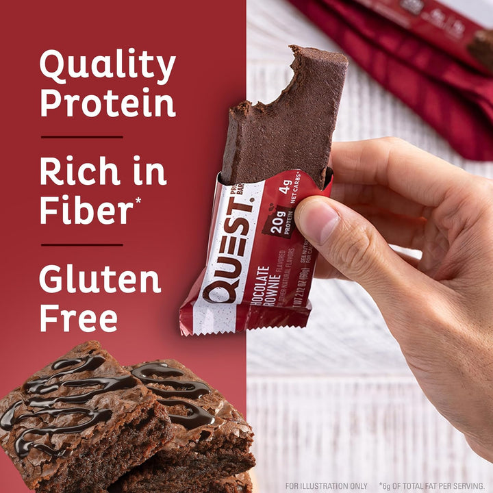 Satisfy rich brownie cravings with Quest Nutrition Chocolate Brownie Protein Bars. Each decadent bar provides 20g of complete dairy-based protein with all 9 essential amino acids to fuel muscle recovery and energy. With 1g sugar, 4g net carbs, and 15g fiber, these gluten-free, keto-friendly protein bars offer a high-protein, low-carb snack you can enjoy guilt-free. Perfect for post-workout fuel, healthy on-the-go snacks, or a chocolate lover’s dessert, Quest makes it easy to indulge while staying on track w