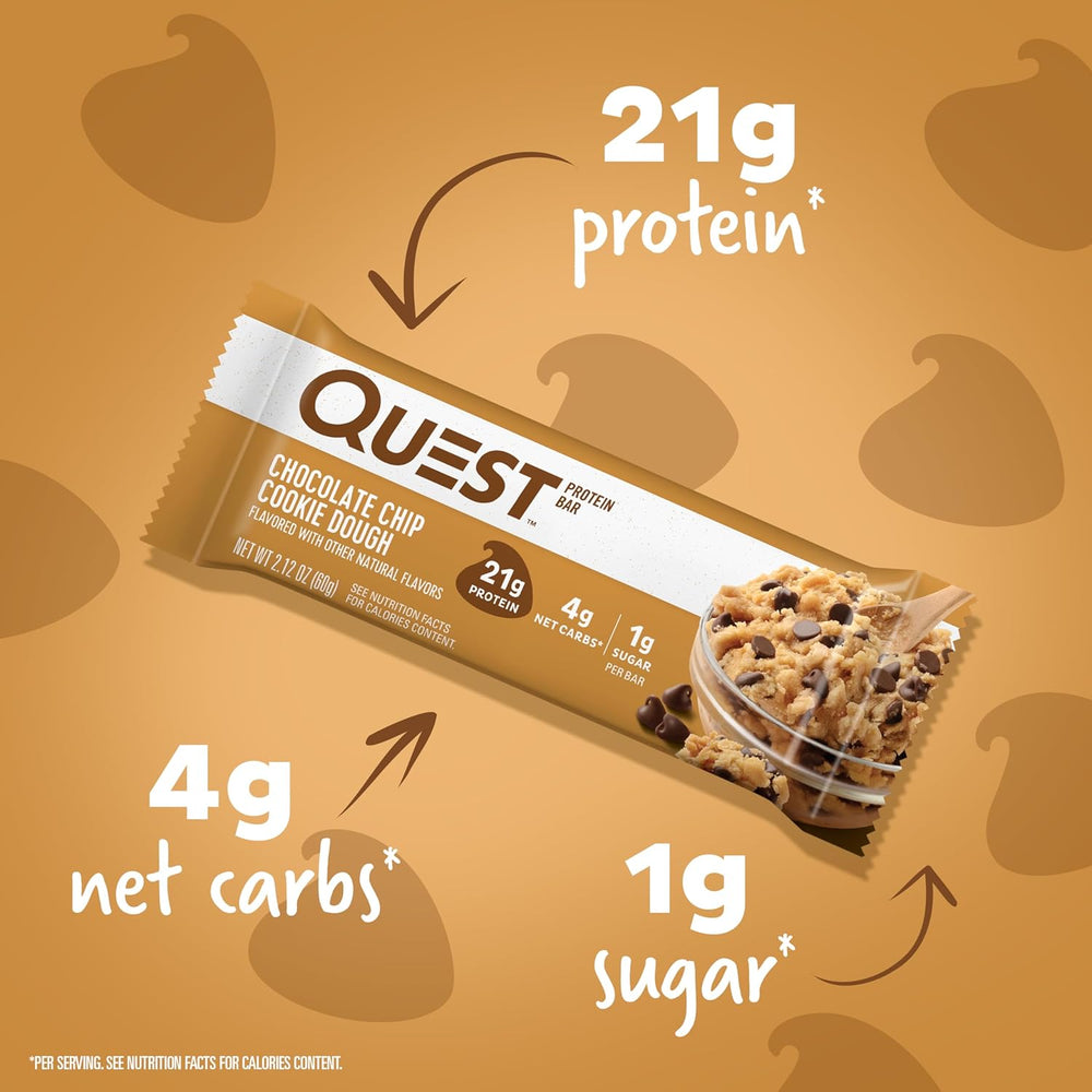 Fuel your day with Quest Nutrition Chocolate Chip Cookie Dough Protein Bars. Each gluten-free, keto-friendly bar delivers 21g of high-quality protein, only 1g of sugar, and 4g net carbs, making it the perfect snack for muscle recovery, weight management, and low-carb lifestyles. Packed with fiber for fullness and digestive support, these delicious bars offer a convenient way to satisfy sweet cravings while staying on track with your fitness or keto goals.