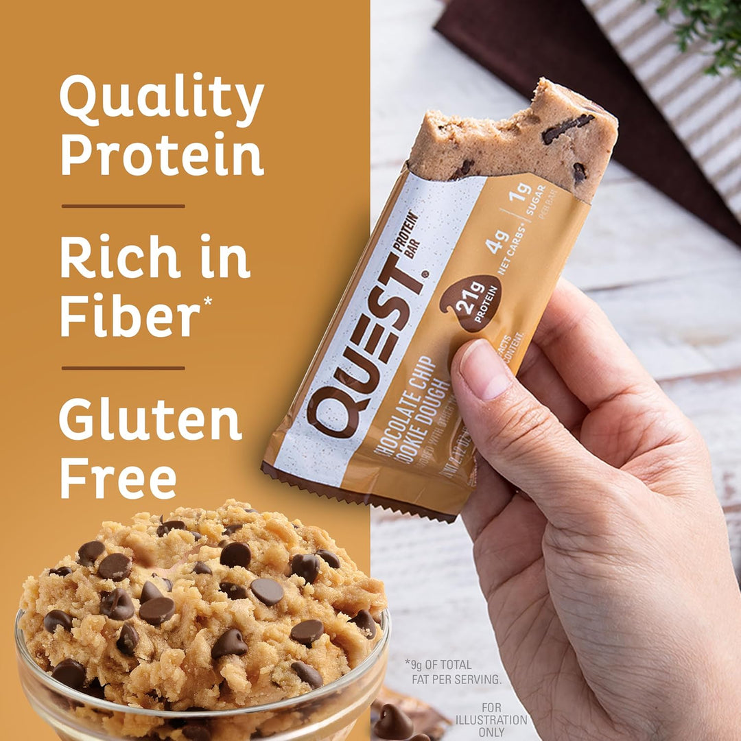 Fuel your day with Quest Nutrition Chocolate Chip Cookie Dough Protein Bars. Each gluten-free, keto-friendly bar delivers 21g of high-quality protein, only 1g of sugar, and 4g net carbs, making it the perfect snack for muscle recovery, weight management, and low-carb lifestyles. Packed with fiber for fullness and digestive support, these delicious bars offer a convenient way to satisfy sweet cravings while staying on track with your fitness or keto goals.