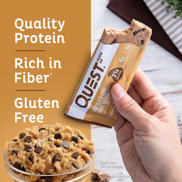 Fuel your day with Quest Nutrition Chocolate Chip Cookie Dough Protein Bars. Each gluten-free, keto-friendly bar delivers 21g of high-quality protein, only 1g of sugar, and 4g net carbs, making it the perfect snack for muscle recovery, weight management, and low-carb lifestyles. Packed with fiber for fullness and digestive support, these delicious bars offer a convenient way to satisfy sweet cravings while staying on track with your fitness or keto goals.