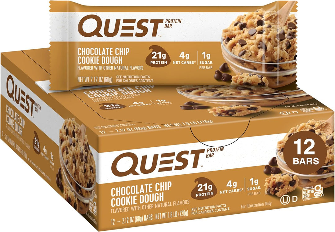 Fuel your day with Quest Nutrition Chocolate Chip Cookie Dough Protein Bars. Each gluten-free, keto-friendly bar delivers 21g of high-quality protein, only 1g of sugar, and 4g net carbs, making it the perfect snack for muscle recovery, weight management, and low-carb lifestyles. Packed with fiber for fullness and digestive support, these delicious bars offer a convenient way to satisfy sweet cravings while staying on track with your fitness or keto goals.