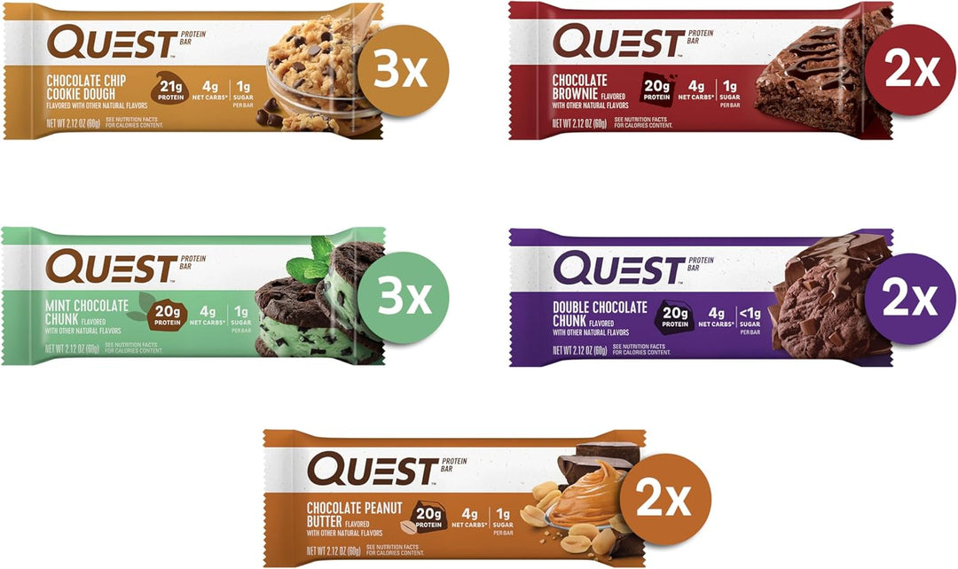 Satisfy chocolate cravings and fuel your day with the Quest Chocolate Lovers Variety Pack. Each gluten-free, keto-friendly protein bar delivers 20–21g of high-quality protein, only 4g net carbs, and 0–1g sugar. Enjoy a mix of rich chocolate flavors while supporting muscle recovery, weight management, and low-carb lifestyles. Perfect for on-the-go snacking or post-workout fuel.