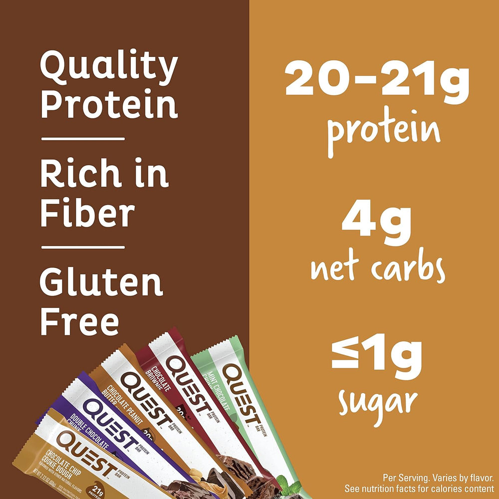 Satisfy chocolate cravings and fuel your day with the Quest Chocolate Lovers Variety Pack. Each gluten-free, keto-friendly protein bar delivers 20–21g of high-quality protein, only 4g net carbs, and 0–1g sugar. Enjoy a mix of rich chocolate flavors while supporting muscle recovery, weight management, and low-carb lifestyles. Perfect for on-the-go snacking or post-workout fuel.