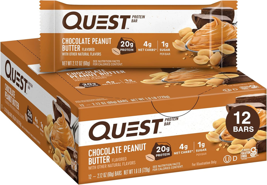 Fuel your day with Quest Chocolate Peanut Butter Protein Bars. Each gluten-free, keto-friendly bar delivers 20g of complete dairy protein, just 1g sugar, and 4g net carbs to support muscle recovery and low-carb goals. With 11g of fiber and rich chocolate-peanut butter flavor, these bars satisfy cravings without added sugar. Perfect on-the-go snack for workouts, travel, or anytime you need a nutritious boost.