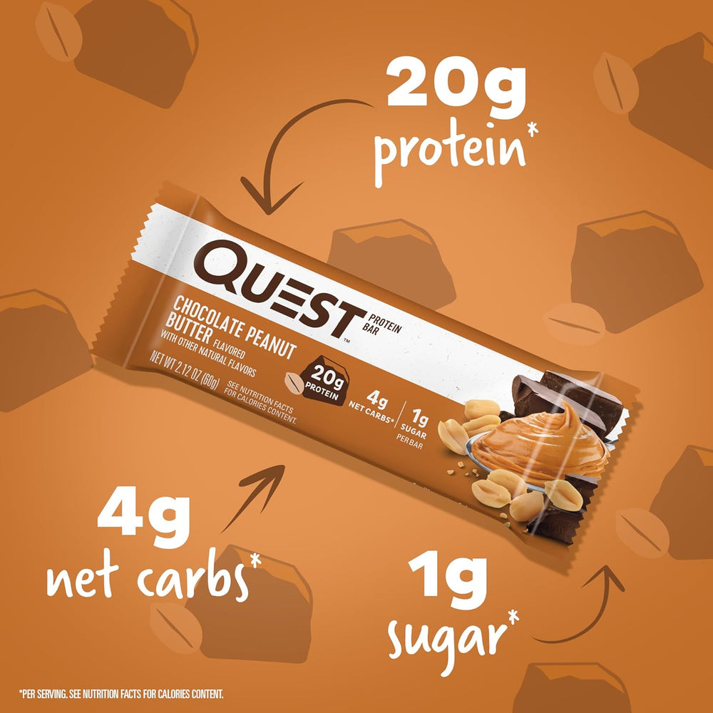 Fuel your day with Quest Chocolate Peanut Butter Protein Bars. Each gluten-free, keto-friendly bar delivers 20g of complete dairy protein, just 1g sugar, and 4g net carbs to support muscle recovery and low-carb goals. With 11g of fiber and rich chocolate-peanut butter flavor, these bars satisfy cravings without added sugar. Perfect on-the-go snack for workouts, travel, or anytime you need a nutritious boost.