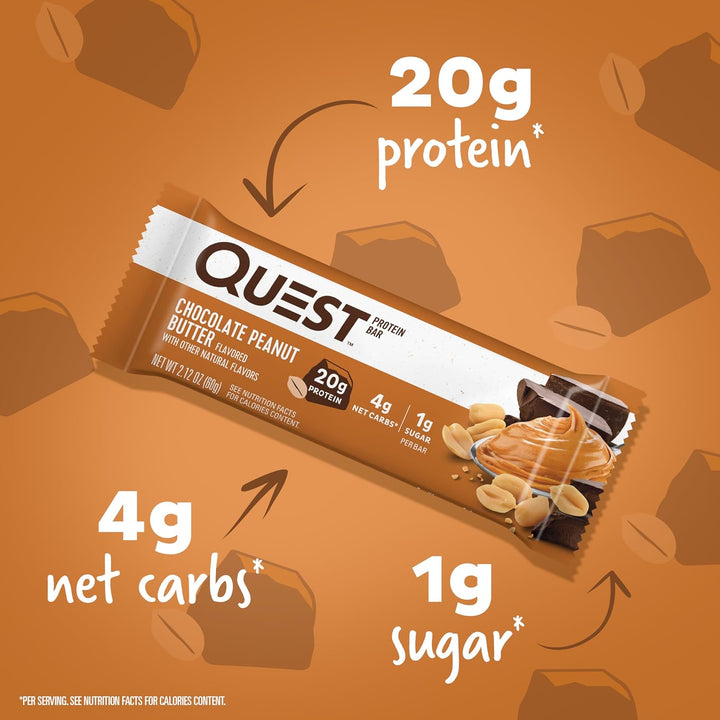 Fuel your day with Quest Chocolate Peanut Butter Protein Bars. Each gluten-free, keto-friendly bar delivers 20g of complete dairy protein, just 1g sugar, and 4g net carbs to support muscle recovery and low-carb goals. With 11g of fiber and rich chocolate-peanut butter flavor, these bars satisfy cravings without added sugar. Perfect on-the-go snack for workouts, travel, or anytime you need a nutritious boost.