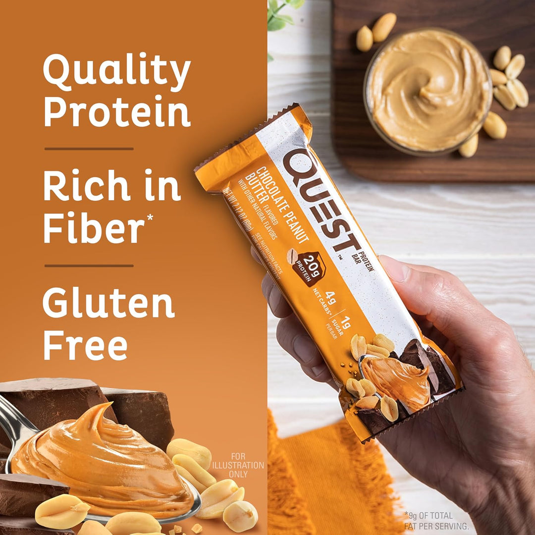 Fuel your day with Quest Chocolate Peanut Butter Protein Bars. Each gluten-free, keto-friendly bar delivers 20g of complete dairy protein, just 1g sugar, and 4g net carbs to support muscle recovery and low-carb goals. With 11g of fiber and rich chocolate-peanut butter flavor, these bars satisfy cravings without added sugar. Perfect on-the-go snack for workouts, travel, or anytime you need a nutritious boost.