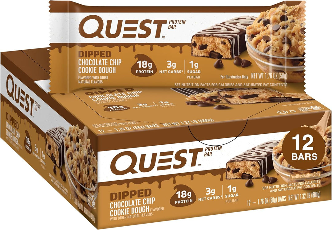 Indulge in the rich taste of cookie dough with Quest Dipped Chocolate Chip Cookie Dough Protein Bars. Each 1.76 oz bar delivers 18g of complete dairy-based protein, 3g net carbs, 9g fiber, and just 1g sugar, making it the perfect keto-friendly, gluten-free snack. Topped with a luscious chocolatey drizzle and packed with chocolate chips, these bars fuel muscle recovery, curb cravings, and support a balanced macro diet. 