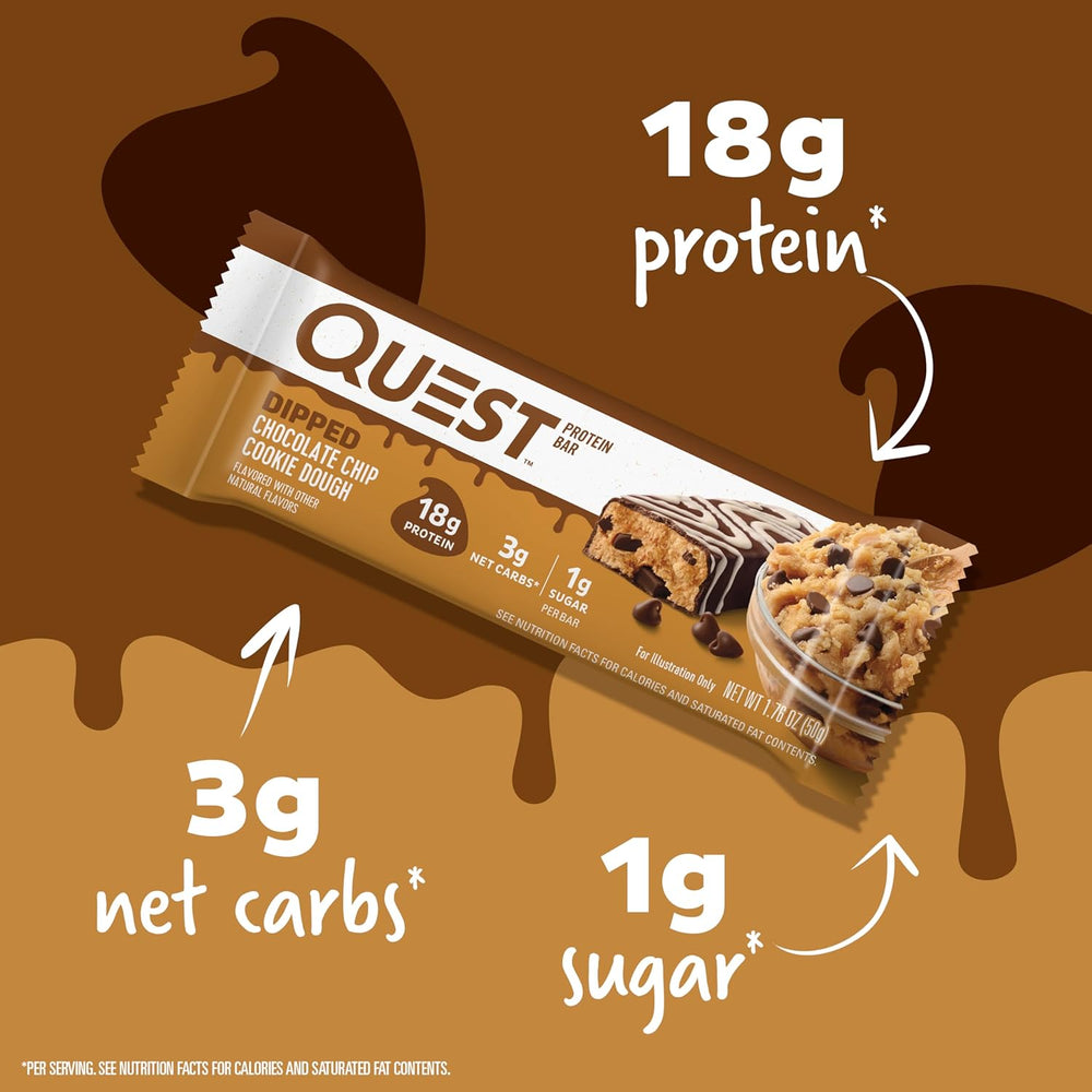 Indulge in the rich taste of cookie dough with Quest Dipped Chocolate Chip Cookie Dough Protein Bars. Each 1.76 oz bar delivers 18g of complete dairy-based protein, 3g net carbs, 9g fiber, and just 1g sugar, making it the perfect keto-friendly, gluten-free snack. Topped with a luscious chocolatey drizzle and packed with chocolate chips, these bars fuel muscle recovery, curb cravings, and support a balanced macro diet. 