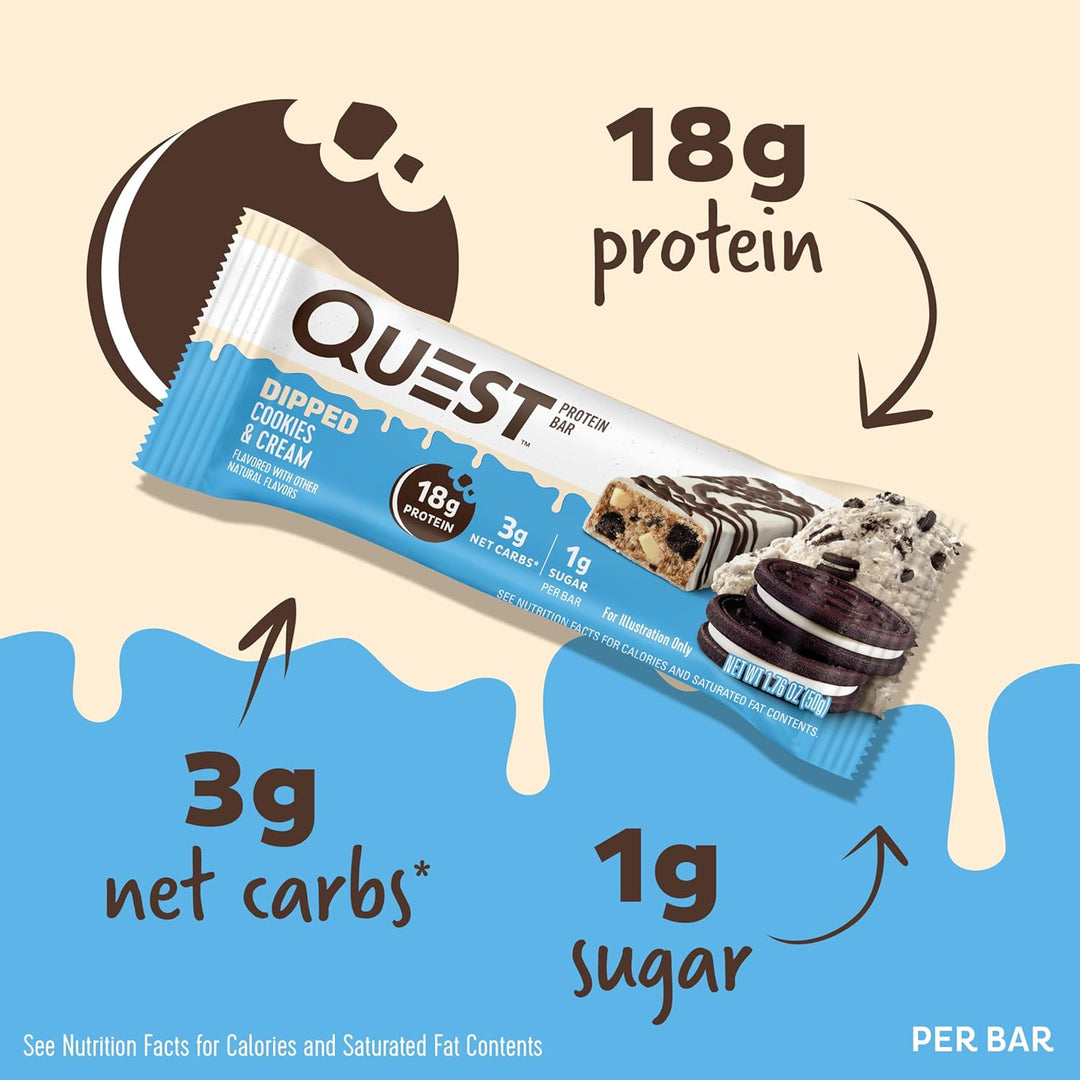 Treat yourself to the decadent taste of Quest Dipped Cookies &amp; Cream Protein Bars—classic cookies &amp; cream flavor dipped and drizzled in rich chocolate. Each bar packs 18g high-quality dairy protein, 3g net carbs, and just 1g sugar, making it a perfect keto-friendly, gluten-free snack. Ideal for on-the-go energy, post-workout recovery, or a healthy dessert, these protein bars satisfy cravings while supporting muscle growth and balanced macros without added sugar.