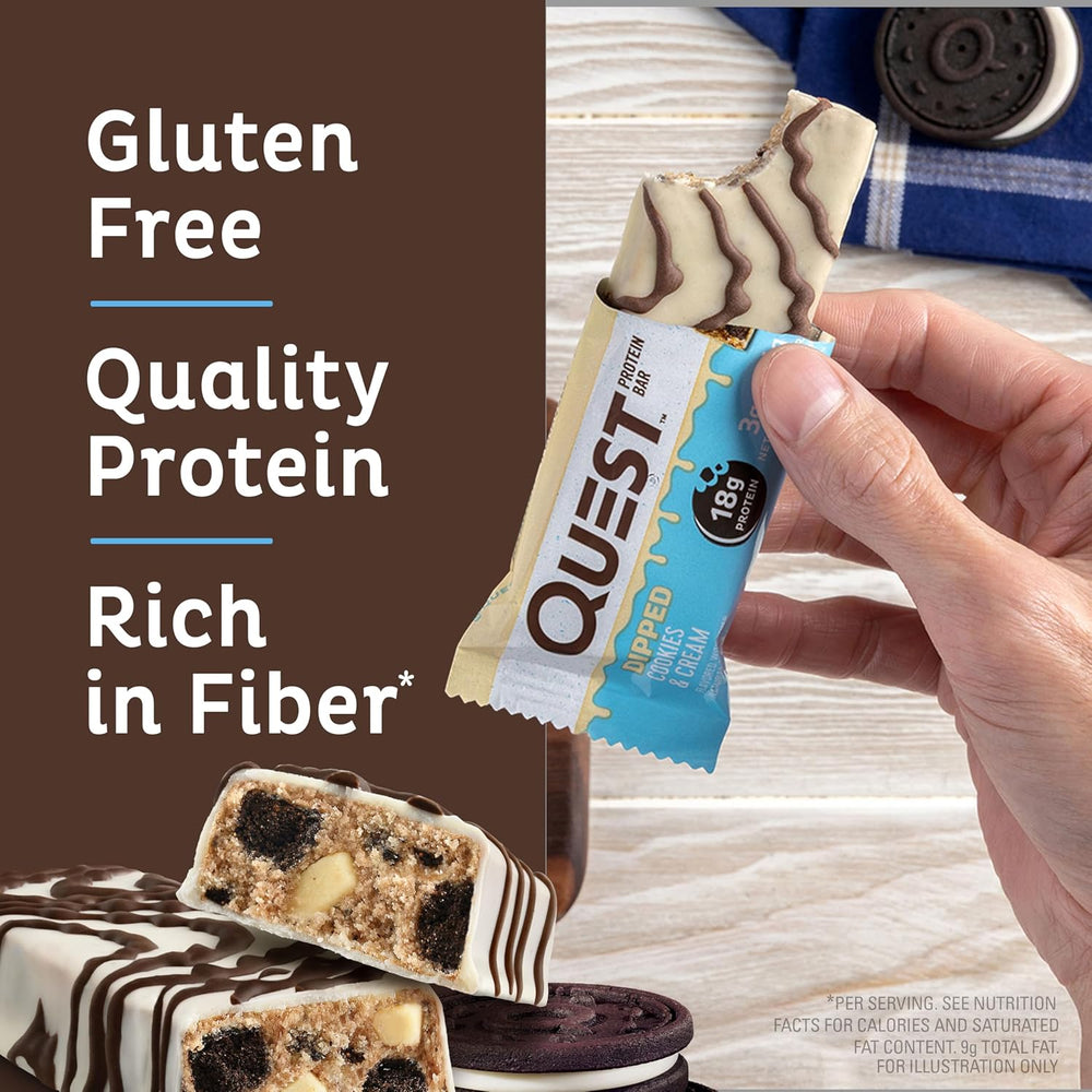 Treat yourself to the decadent taste of Quest Dipped Cookies &amp; Cream Protein Bars—classic cookies &amp; cream flavor dipped and drizzled in rich chocolate. Each bar packs 18g high-quality dairy protein, 3g net carbs, and just 1g sugar, making it a perfect keto-friendly, gluten-free snack. Ideal for on-the-go energy, post-workout recovery, or a healthy dessert, these protein bars satisfy cravings while supporting muscle growth and balanced macros without added sugar.