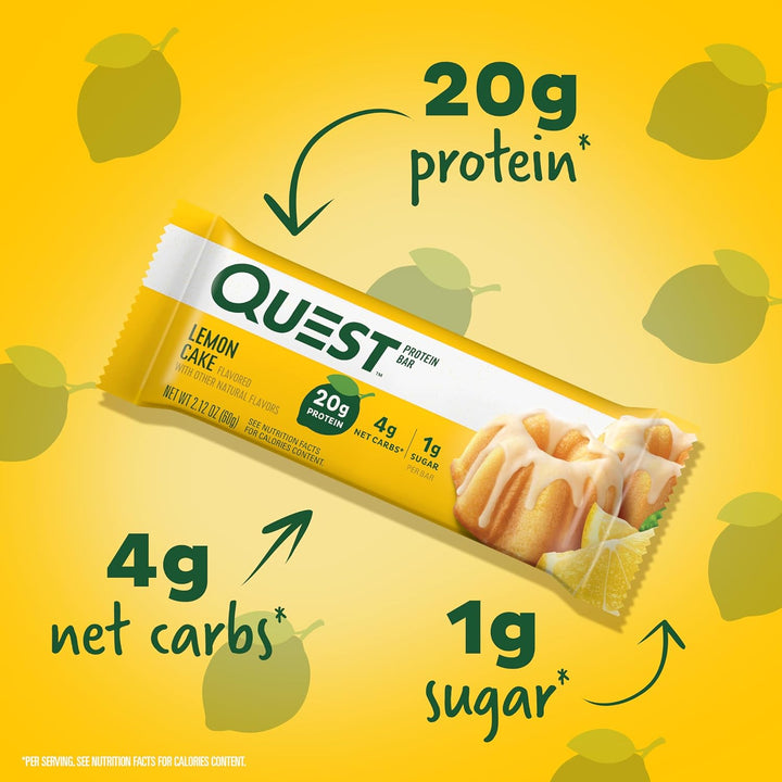 Brighten your day with the zesty flavor of Quest Lemon Cake Protein Bars. Each bar delivers 20g high-quality dairy protein, only 4g net carbs, 13g fiber, and just 1g sugar, making it a perfect keto-friendly, gluten-free snack. Packed with complete proteins containing all 9 essential amino acids, these bars support muscle recovery, energy, and balanced macros. Enjoy the refreshing taste of lemon cake without added sugar—ideal for on-the-go snacking, post-workout fuel, or a guilt-free dessert.
