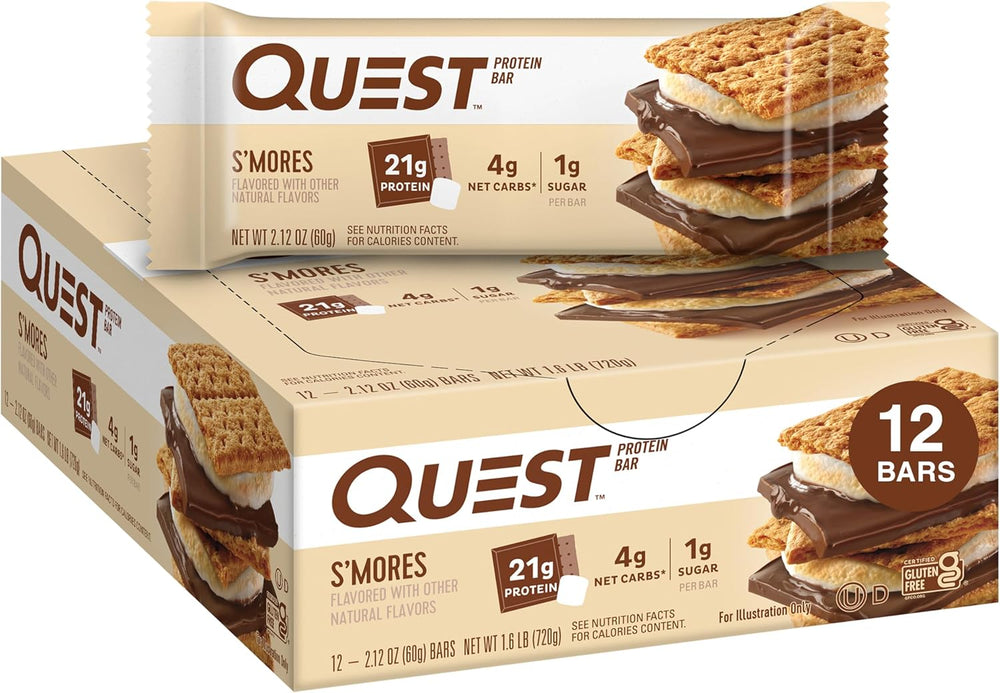 Enjoy campfire flavor anytime with Quest Nutrition S’mores Protein Bars. Each bar delivers 21g of complete dairy-based protein, 1g sugar, 4g net carbs, and 14g fiber to keep you fueled and satisfied. These keto-friendly, gluten-free snack bars provide all 9 essential amino acids for muscle recovery and energy. Perfect for on-the-go adventures, post-workout fuel, or a guilt-free dessert, Quest S’mores bars give you the sweet, chocolatey taste of classic s’mores—without added sugar and with a balanced macro p