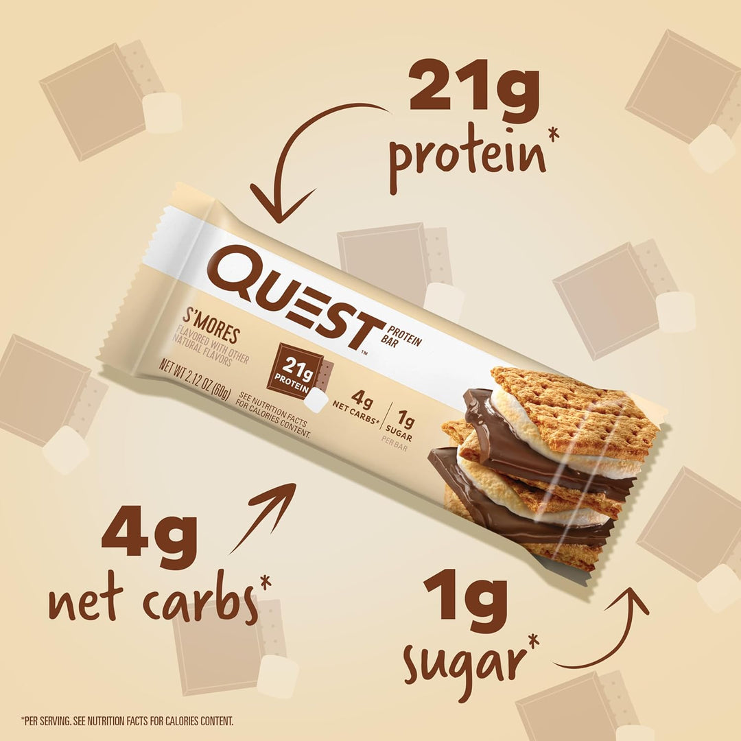 Enjoy campfire flavor anytime with Quest Nutrition S’mores Protein Bars. Each bar delivers 21g of complete dairy-based protein, 1g sugar, 4g net carbs, and 14g fiber to keep you fueled and satisfied. These keto-friendly, gluten-free snack bars provide all 9 essential amino acids for muscle recovery and energy. Perfect for on-the-go adventures, post-workout fuel, or a guilt-free dessert, Quest S’mores bars give you the sweet, chocolatey taste of classic s’mores—without added sugar and with a balanced macro p