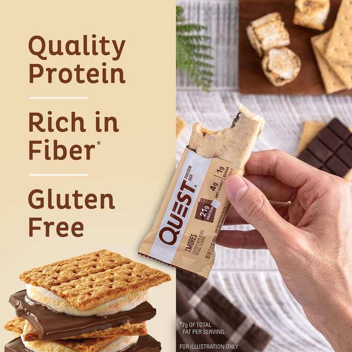 Enjoy campfire flavor anytime with Quest Nutrition S’mores Protein Bars. Each bar delivers 21g of complete dairy-based protein, 1g sugar, 4g net carbs, and 14g fiber to keep you fueled and satisfied. These keto-friendly, gluten-free snack bars provide all 9 essential amino acids for muscle recovery and energy. Perfect for on-the-go adventures, post-workout fuel, or a guilt-free dessert, Quest S’mores bars give you the sweet, chocolatey taste of classic s’mores—without added sugar and with a balanced macro p