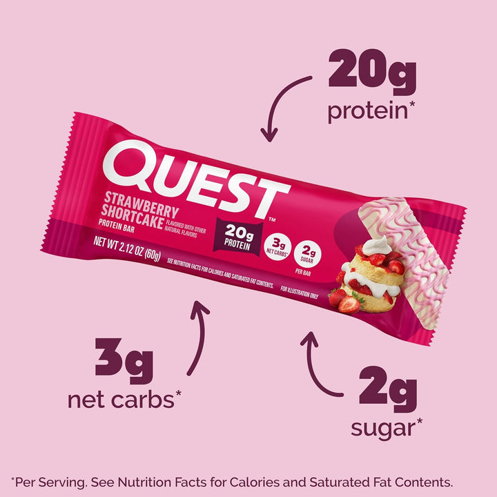 Savor the sweet taste of Quest Strawberry Shortcake Protein Bars, packed with real strawberry pieces and creamy white chocolate chunks. Each bar delivers 20g high-quality protein, only 3g net carbs, 10g fiber, and just 2g sugar, making it a perfect keto-friendly, gluten-free snack. Ideal for on-the-go energy, post-workout recovery, or a healthy dessert, these bars help fuel muscle growth and maintain balanced macros while satisfying your strawberry shortcake cravings without added sugar.