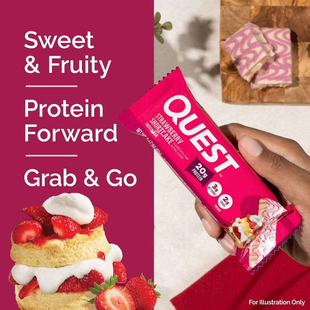 Savor the sweet taste of Quest Strawberry Shortcake Protein Bars, packed with real strawberry pieces and creamy white chocolate chunks. Each bar delivers 20g high-quality protein, only 3g net carbs, 10g fiber, and just 2g sugar, making it a perfect keto-friendly, gluten-free snack. Ideal for on-the-go energy, post-workout recovery, or a healthy dessert, these bars help fuel muscle growth and maintain balanced macros while satisfying your strawberry shortcake cravings without added sugar.