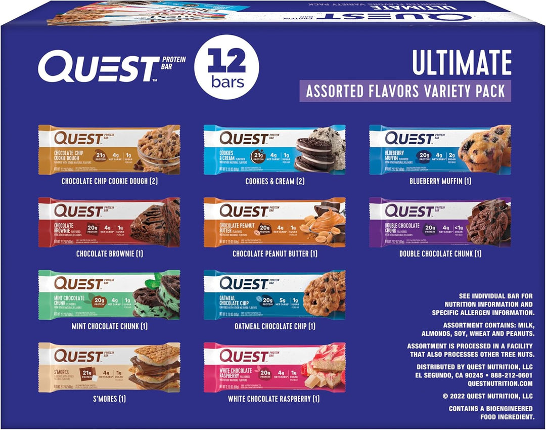 Enjoy every flavor with the Quest Nutrition Ultimate Variety Pack Protein Bars—a perfect mix of the brand’s most-loved classics. Each bar delivers 20–21g of complete dairy-based protein with all 9 essential amino acids to support muscle recovery and energy. With just 4–5g net carbs and 0–2g sugar, these keto-friendly, gluten-free protein bars provide a high-protein, low-carb snack you can enjoy anytime. Ideal for post-workout fuel, healthy on-the-go snacks, or guilt-free treats, this protein bar variety pac