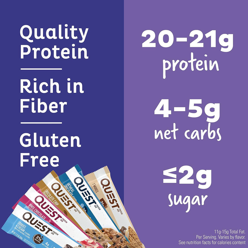 Enjoy every flavor with the Quest Nutrition Ultimate Variety Pack Protein Bars—a perfect mix of the brand’s most-loved classics. Each bar delivers 20–21g of complete dairy-based protein with all 9 essential amino acids to support muscle recovery and energy. With just 4–5g net carbs and 0–2g sugar, these keto-friendly, gluten-free protein bars provide a high-protein, low-carb snack you can enjoy anytime. Ideal for post-workout fuel, healthy on-the-go snacks, or guilt-free treats, this protein bar variety pac