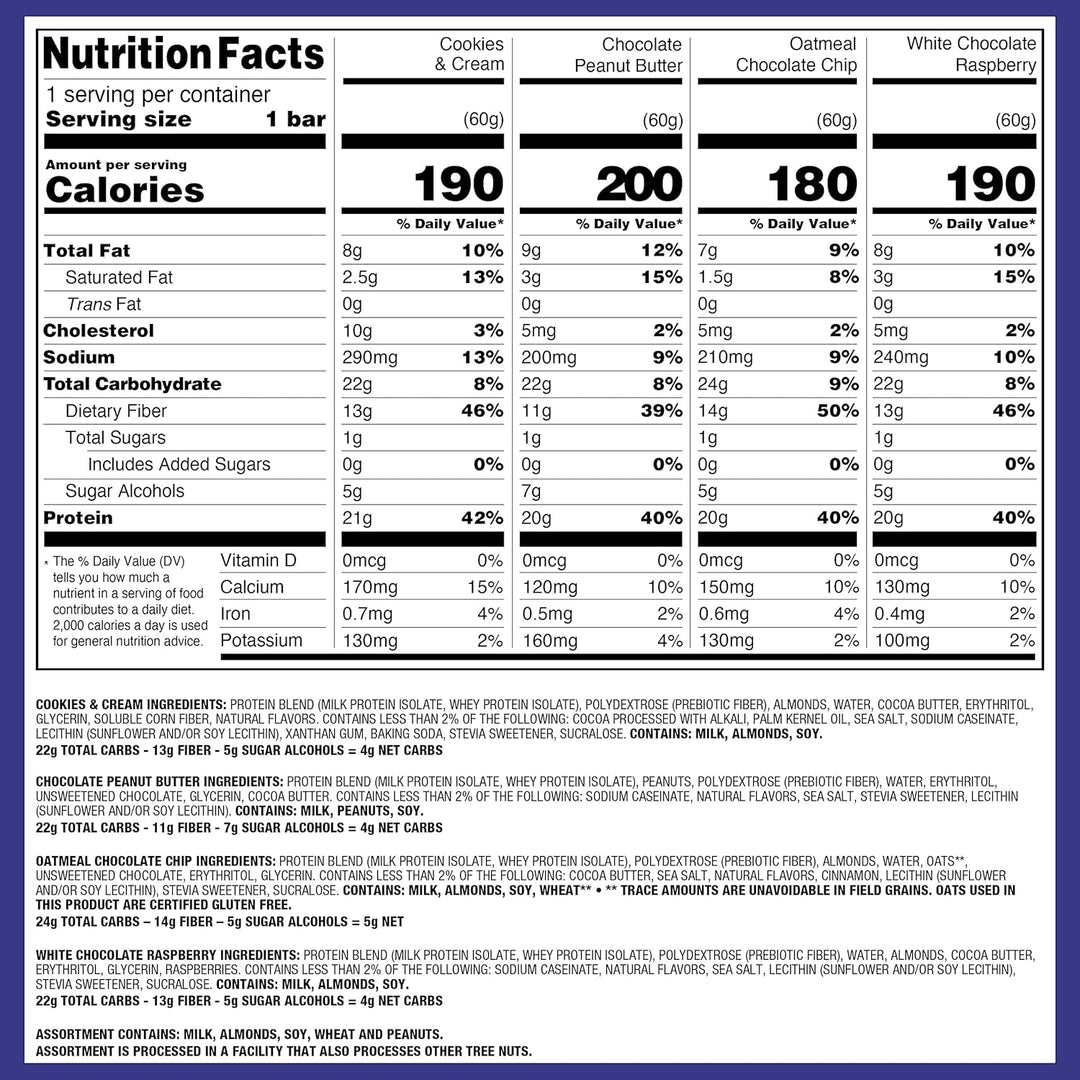 Enjoy every flavor with the Quest Nutrition Ultimate Variety Pack Protein Bars—a perfect mix of the brand’s most-loved classics. Each bar delivers 20–21g of complete dairy-based protein with all 9 essential amino acids to support muscle recovery and energy. With just 4–5g net carbs and 0–2g sugar, these keto-friendly, gluten-free protein bars provide a high-protein, low-carb snack you can enjoy anytime. Ideal for post-workout fuel, healthy on-the-go snacks, or guilt-free treats, this protein bar variety pac