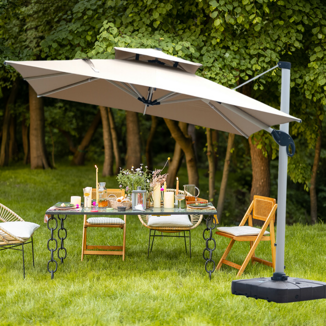 Roka Outlet 10ft Patio Outdoor Offset Umbrella - Cantilever Hanging Market Umbrella with Crank & Cross Bases, 3x4M with LED Light