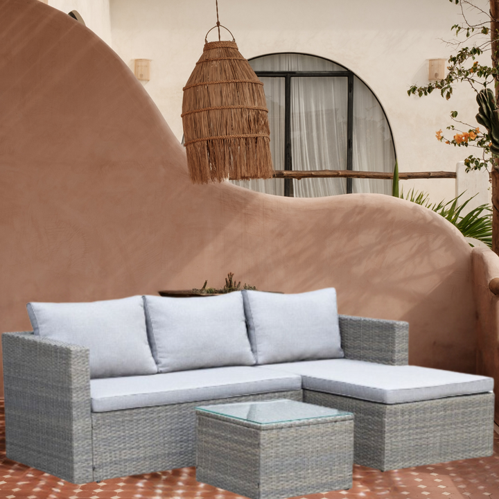 Roka Outlet Corner Sofa Rattan Garden Furniture Set - L-Shape Outdoor/Indoor Patio Furniture with Ottoman and Square Coffee Table, Modern Rattan Wicker Sectional Sofa Couch with Seat Cushions