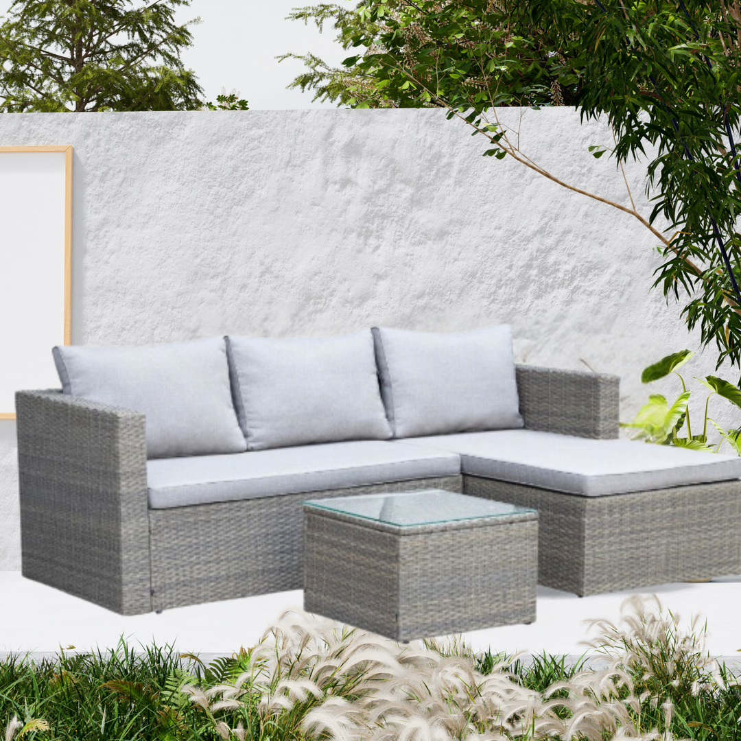 Roka Outlet Corner Sofa Rattan Garden Furniture Set - L-Shape Outdoor/Indoor Patio Furniture with Ottoman and Square Coffee Table, Modern Rattan Wicker Sectional Sofa Couch with Seat Cushions