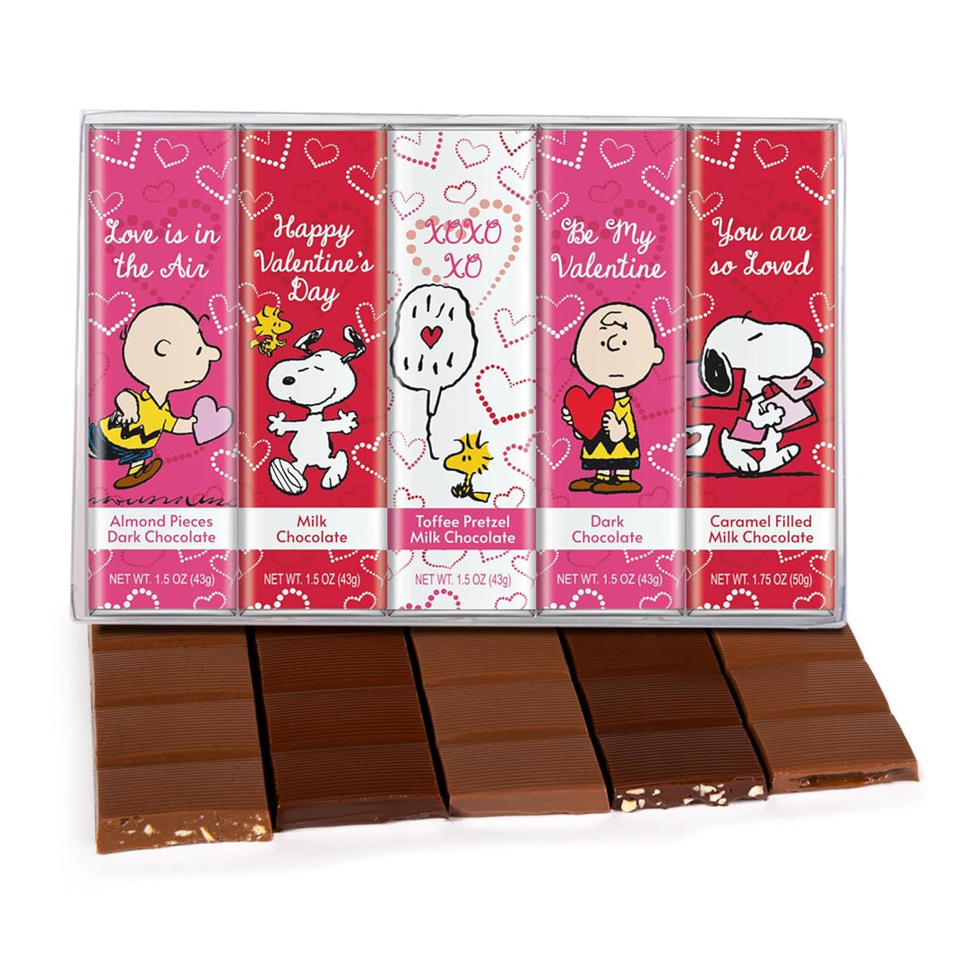 Snoopy Chocolate Variety Gift Box, 5 Gourmet Belgian Chocolate Bars, 1.5oz Each Valentine Gift
