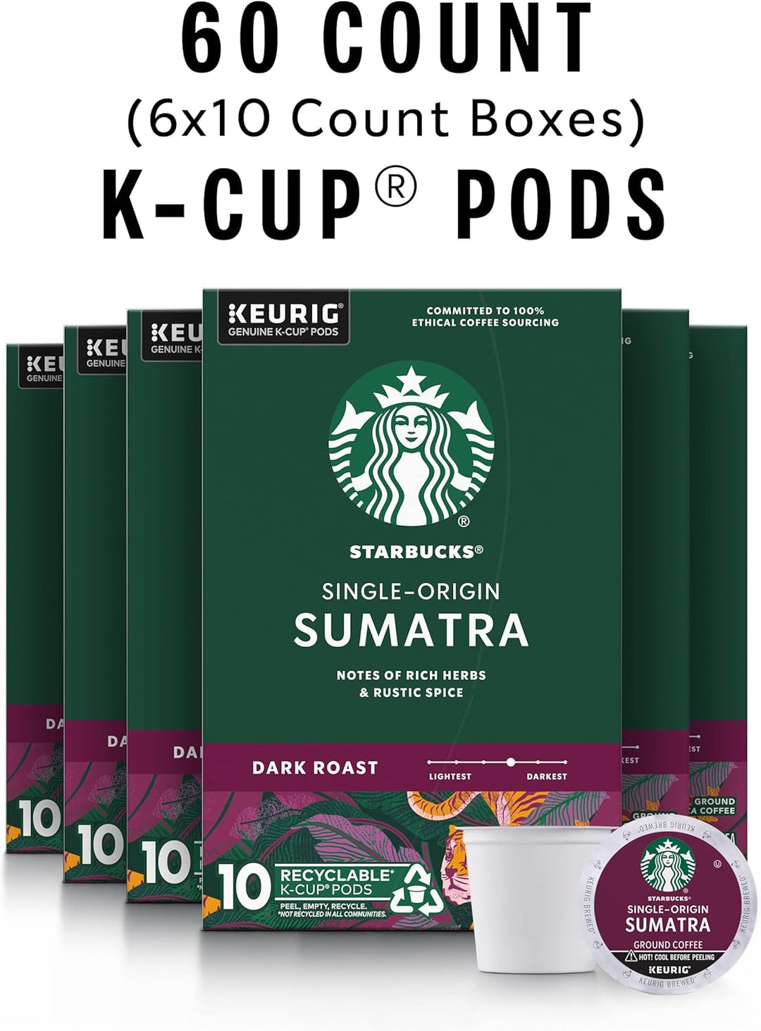 Starbucks Sumatra K-Cup Pods, Dark Roast Coffee, 60 Count