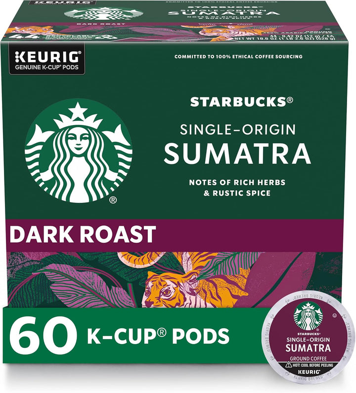 Starbucks Sumatra K-Cups, dark roast coffee pods, 60-count coffee pods, Starbucks Keurig pods, Sumatra single-origin coffee, Arabica K-Cup pods, bold dark roast coffee, Keurig compatible Starbucks pods, ethical coffee sourcing, Starbucks home brew