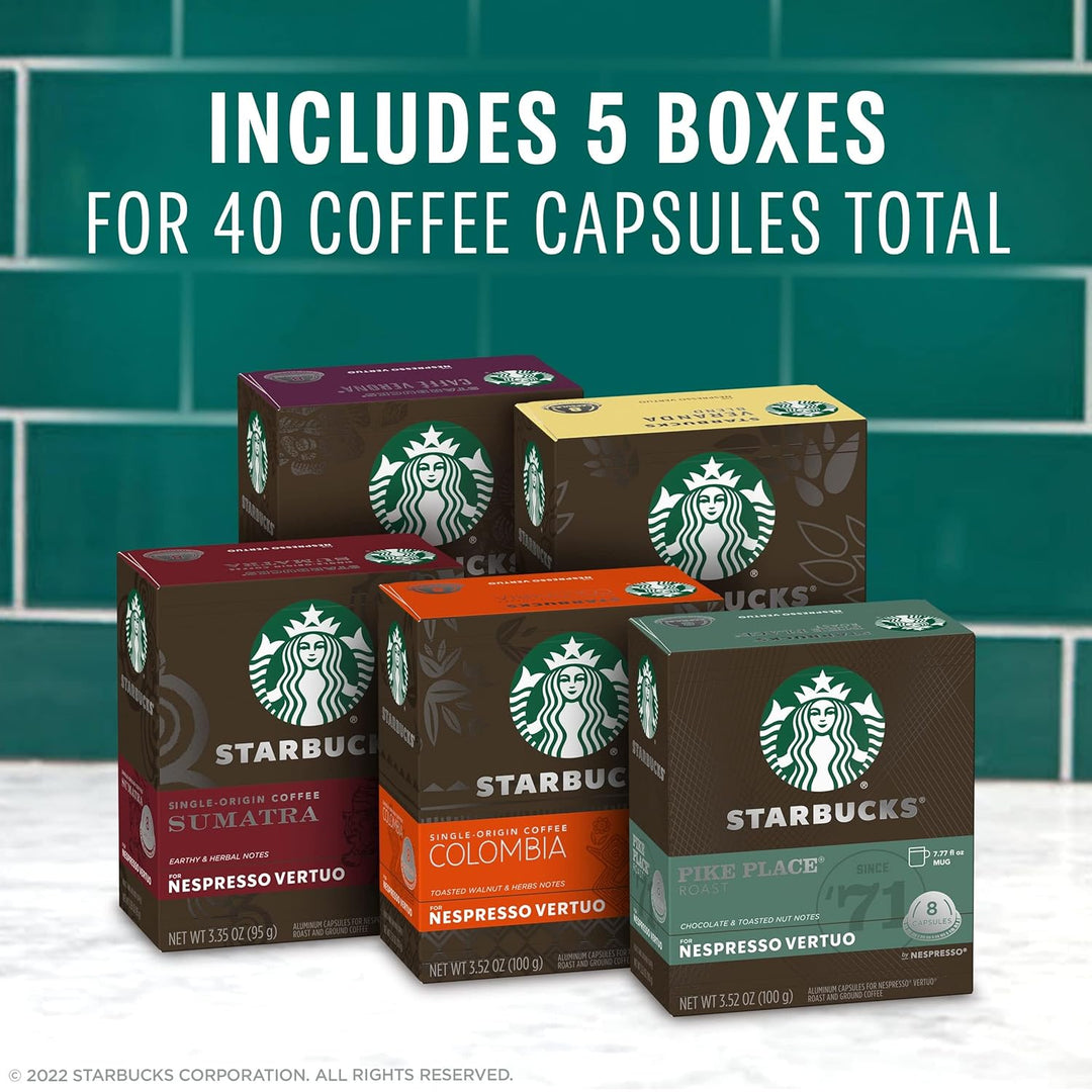 Starbucks Nespresso Vertuo variety pack, 40-count coffee pods, blonde roast Vertuo pods, dark roast coffee capsules, medium roast Starbucks pods, Veranda Pike Place Sumatra Verona Colombia, Arabica coffee for Nespresso, recyclable aluminum pods, VertuoLine compatible coffee.