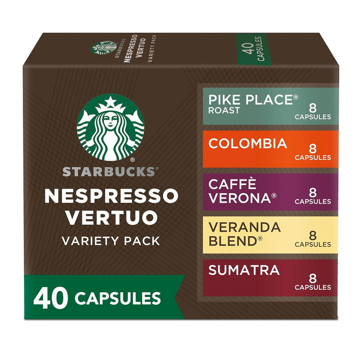 Starbucks Nespresso Vertuo variety pack, 40-count coffee pods, blonde roast Vertuo pods, dark roast coffee capsules, medium roast Starbucks pods, Veranda Pike Place Sumatra Verona Colombia, Arabica coffee for Nespresso, recyclable aluminum pods, VertuoLine compatible coffee.