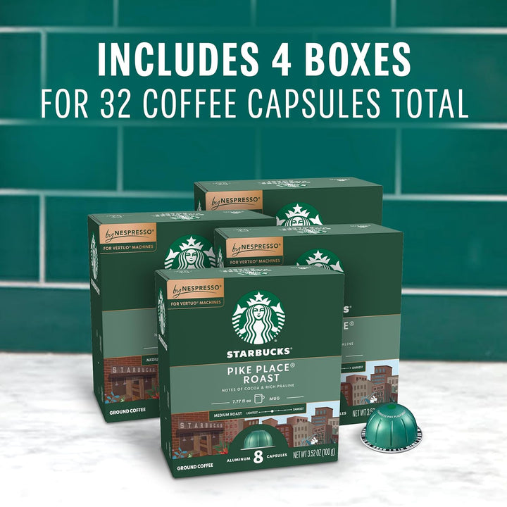 Starbucks Nespresso Vertuo pods, Pike Place roast coffee pods, medium roast Vertuo pods, Starbucks coffee at home, Nespresso VertuoLine compatible, recyclable aluminum coffee capsules, 32-count coffee pods, Arabica medium roast pods, Starbucks Pike Place pods.