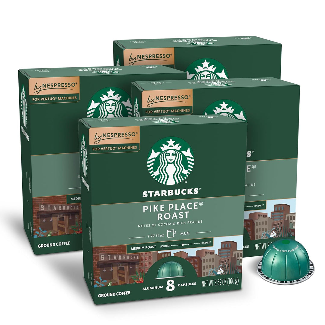 Starbucks Nespresso Vertuo pods, Pike Place roast coffee pods, medium roast Vertuo pods, Starbucks coffee at home, Nespresso VertuoLine compatible, recyclable aluminum coffee capsules, 32-count coffee pods, Arabica medium roast pods, Starbucks Pike Place pods.