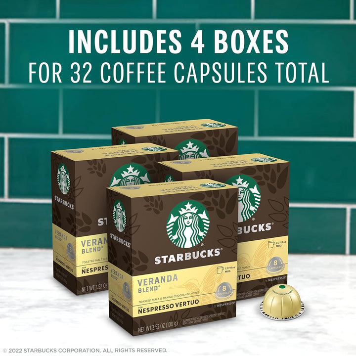 Starbucks Nespresso Vertuo pods, blonde roast coffee pods, Starbucks Veranda Blend, Nespresso VertuoLine coffee, recyclable coffee capsules, 32-count Vertuo pods, Starbucks coffee at home, Arabica coffee pods, Starbucks Vertuo capsules.