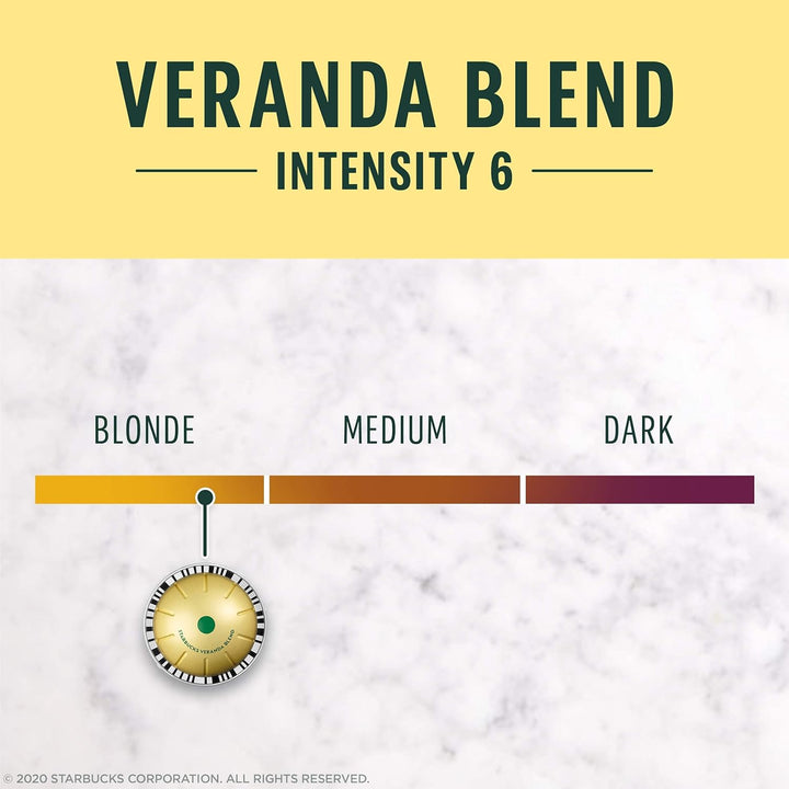 Starbucks Nespresso Vertuo pods, blonde roast coffee pods, Starbucks Veranda Blend, Nespresso VertuoLine coffee, recyclable coffee capsules, 32-count Vertuo pods, Starbucks coffee at home, Arabica coffee pods, Starbucks Vertuo capsules.