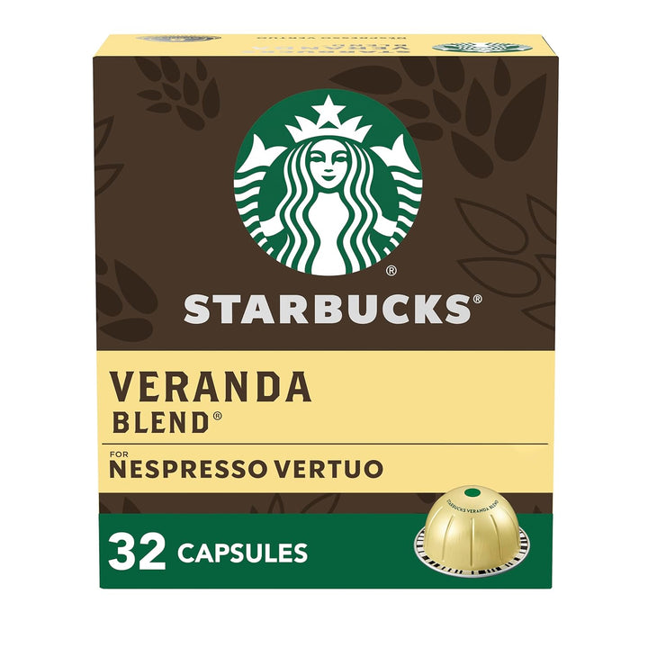 Starbucks Nespresso Vertuo pods, blonde roast coffee pods, Starbucks Veranda Blend, Nespresso VertuoLine coffee, recyclable coffee capsules, 32-count Vertuo pods, Starbucks coffee at home, Arabica coffee pods, Starbucks Vertuo capsules.
