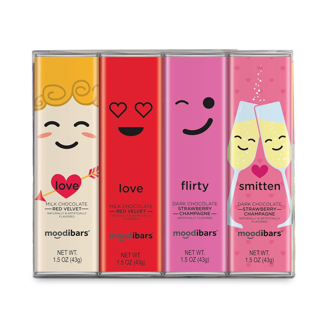 Valentines Candy Chocolate Bar By MoodiBars Valentine’s Day 2025 Gift Box l Milk, Red Velvet and Dark Chocolate Strawberry Bubbly | Love For Her Assorted Belgian Mood Gift Set | Individually Wrapped Gourmet Candy Faces | Fun Adult Basket 4 Packs of Chocolates