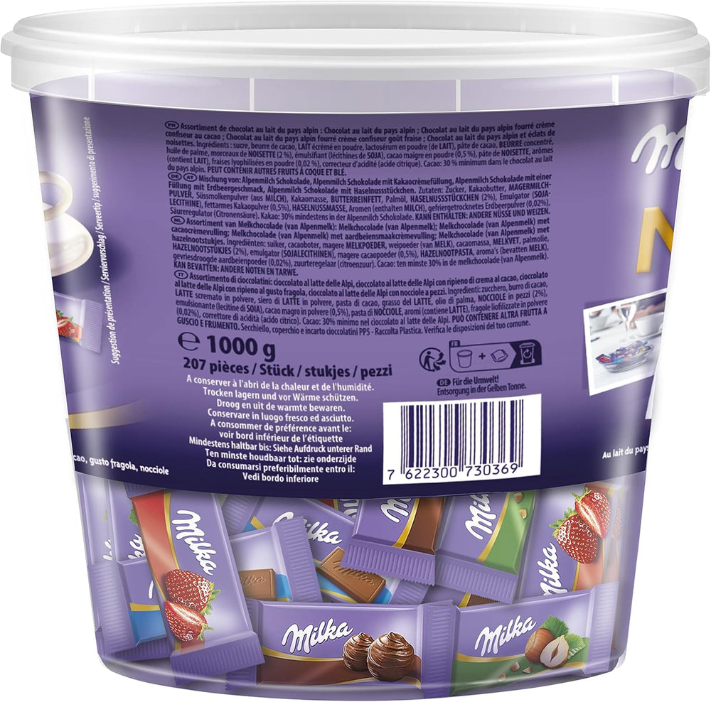 Assorted Milka mini chocolates in Alpine Milk, Hazelnut, Strawberry, and Crème au Cacao