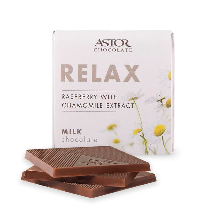 Astor Chocolate Relax Milk Chocolate Chamomile Raspberry Squares Gift Set | Chocolate Lovers Mini Bar Box l 18pc Individually Wrapped Relaxing Belgian Bite Size Chocolate Basket | 0.33oz Each Minibar Gourmet Snack | Kosher Food Candy Holiday Bars