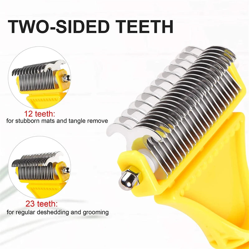Two-sided undercoat rake comb removes mats and loose fur effectively