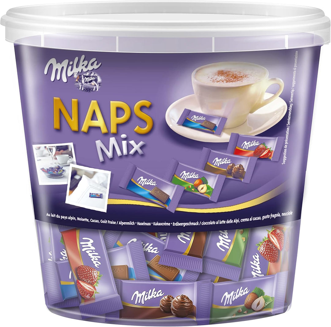Milka Naps Mix 1 kg tin with assorted mini chocolates in four flavors
