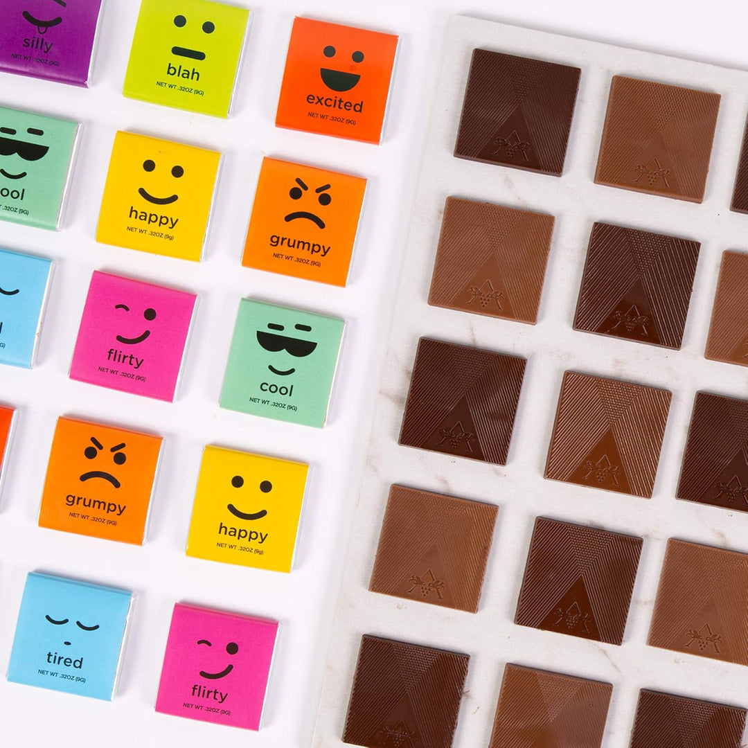 Plant-based Belgian chocolate bars with emoji wrappers