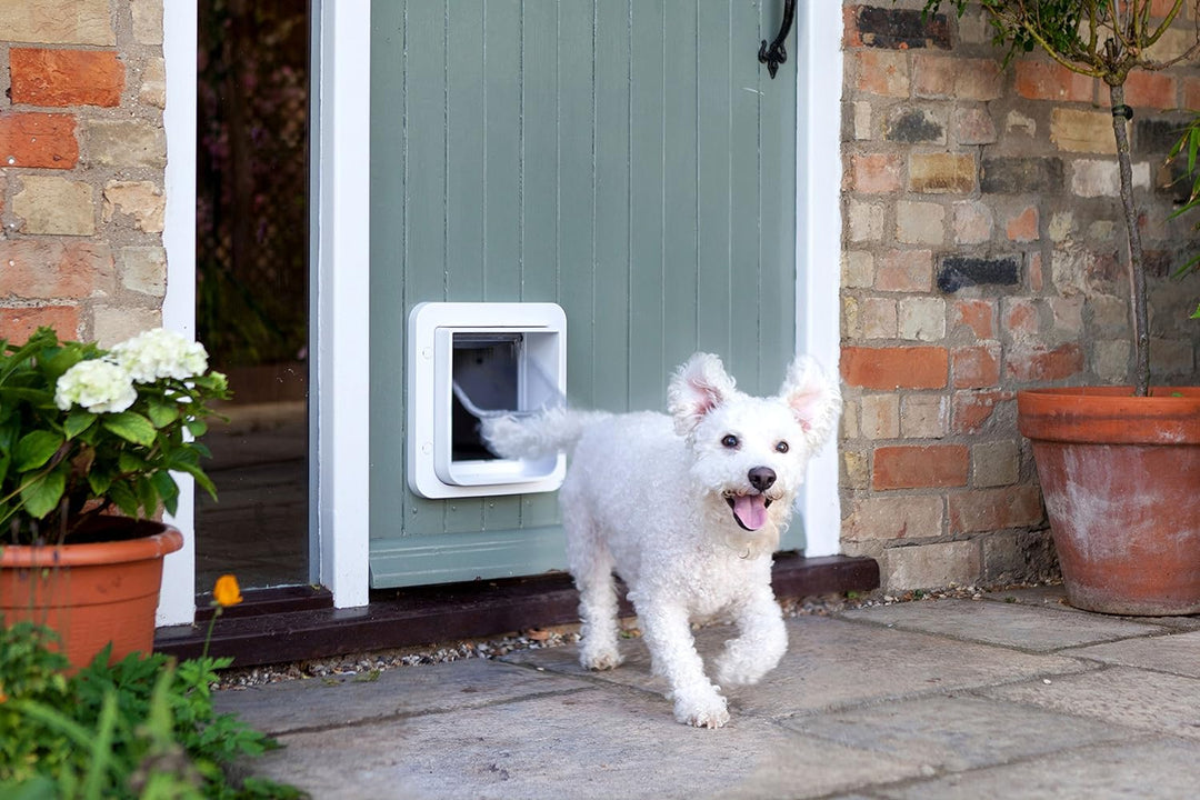 White SureFlap pet door with open flap for cats or small dogs