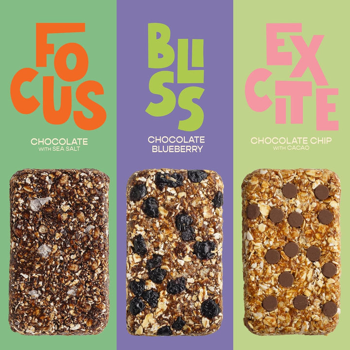 Assorted flavors of chocolate granola bars with blueberry and cacao